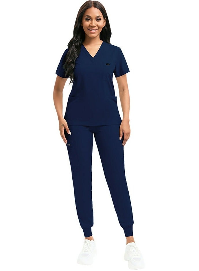 Loquat Medical Uniform Scrubs 2 Piece Set V-Neck Top and Elastic Waist Jogger Pants Suit Navy Blue  - Image 1