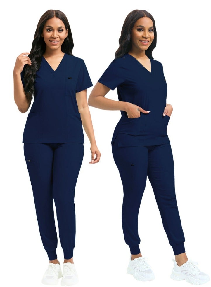 Loquat Medical Uniform Scrubs 2 Piece Set V-Neck Top and Elastic Waist Jogger Pants Suit Navy Blue  - Image 2