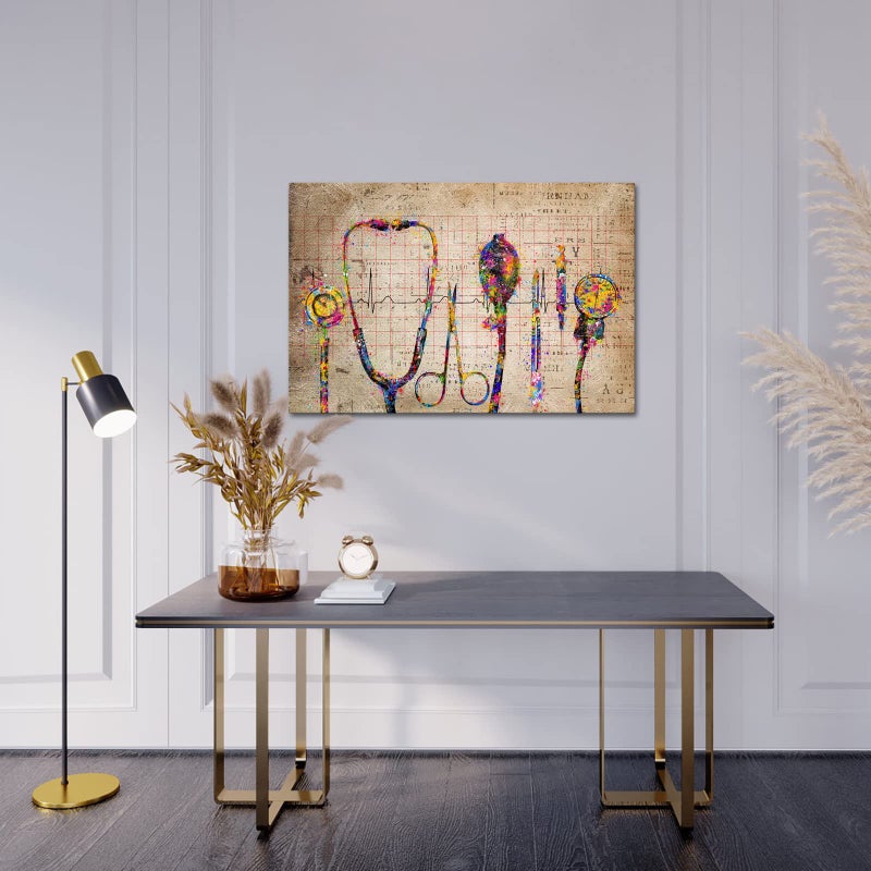iHAPPYWALL Large Medical Canvas Wall Art Abstract Stethophone Stopwatch Medical Apparatus Tools Modern Scenic Hospital Doctor Office Colorful Wall Decor Ready to Hang 24x36inch - Image 3