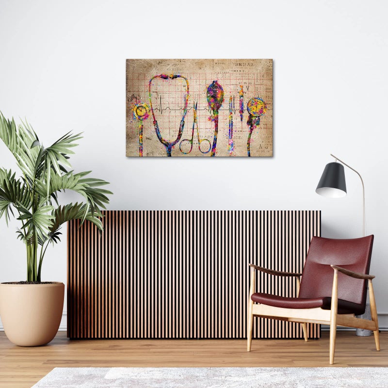 iHAPPYWALL Large Medical Canvas Wall Art Abstract Stethophone Stopwatch Medical Apparatus Tools Modern Scenic Hospital Doctor Office Colorful Wall Decor Ready to Hang 24x36inch - Image 4