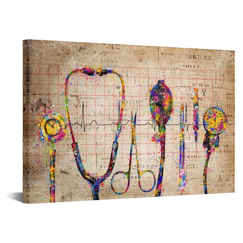 iHAPPYWALL Large Medical Canvas Wall Art Abstract Stethophone Stopwatch Medical Apparatus Tools Modern Scenic Hospital Doctor Office Colorful Wall Decor Ready to Hang 24x36inch - Image 1