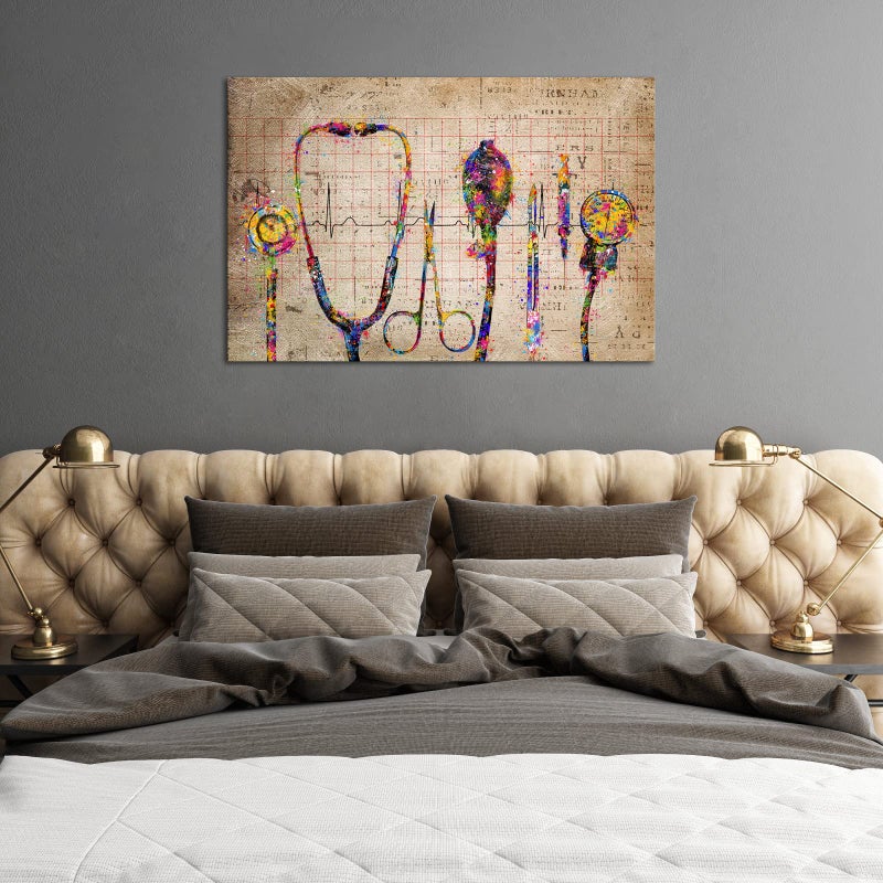 iHAPPYWALL Large Medical Canvas Wall Art Abstract Stethophone Stopwatch Medical Apparatus Tools Modern Scenic Hospital Doctor Office Colorful Wall Decor Ready to Hang 24x36inch - Image 5