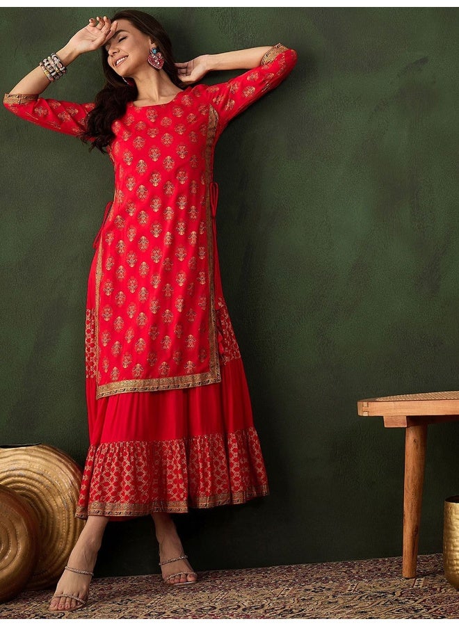 AKS Red Gold Print Rayon Maxi Dress  - Image 4