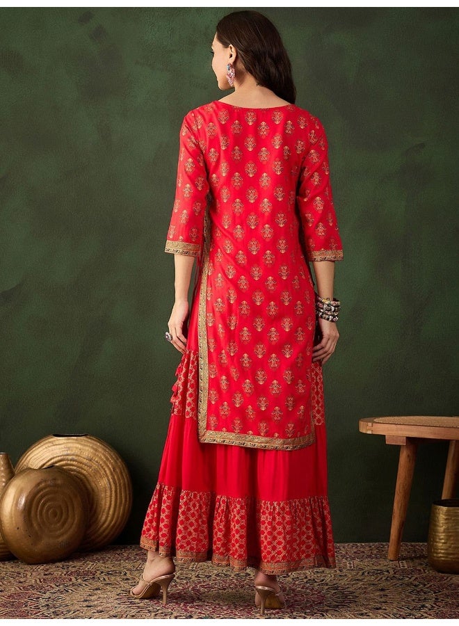 AKS Red Gold Print Rayon Maxi Dress  - Image 5