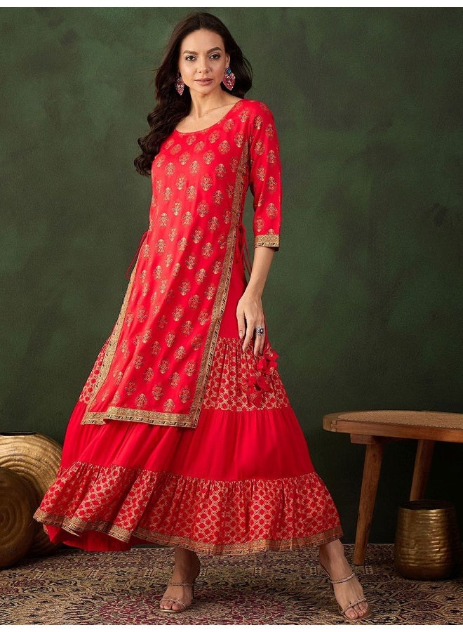 AKS Red Gold Print Rayon Maxi Dress  - Image 1