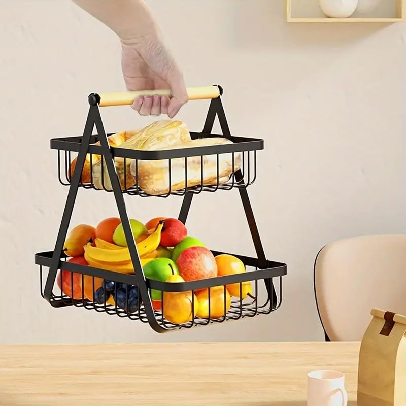 Evona 2-Tier Metal Storage Basket With Wooden Handle, Countertop Fruit Basket Bowl, Kitchen Storage for Fruit Snacks Vegetables, Living Room Desktop Storage Rack - Image 5