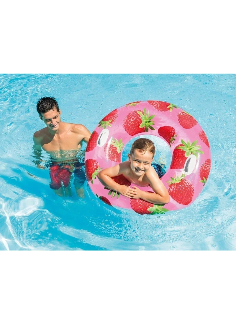 INTEX Strawberry Bagel with Handle - Inflatable Strawberry Patterned Bagel - Sea Bagel - Fruit Bagel - Pool Strawberry Bagel 107 Cm.