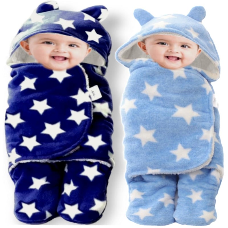 BRANDONN Baby Blankets New Born Combo Pack of Wearable Swaddle Wrapper Security Blanket for Kids for 0-6 Month Babies (SkyBlue, Navyblue, 70 cm x 70 cm) - Image 1