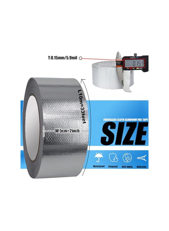 PROMASS promass Glass Fiber Cloth Aluminum Foil Tape,5cm x 10m Insulation Adhesive High Temperature Heavy Duty HVAC Ducts Tapes, Heat Proof Sealing Patching Ductwork Repairing Roll for Dryer Vents(2PCS)  - Image 2