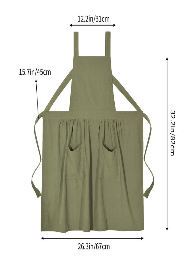 Pinknoke Cotton Linen Pinafore Apron Dress for Women with Pockets Cute Art Chef Aprons for Kitchen Baking Gardening Painting (Olive Green) - Image 5