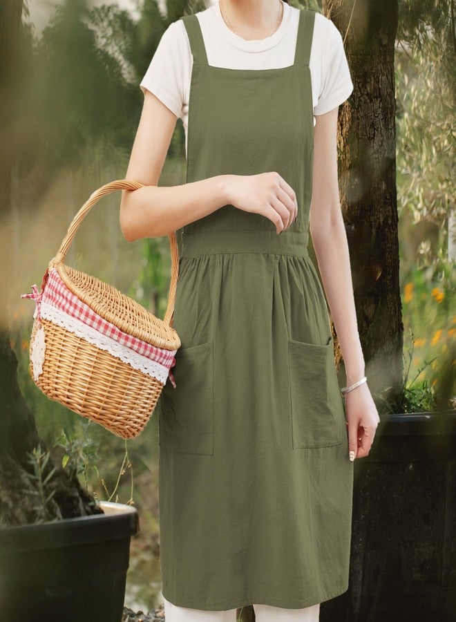 Pinknoke Cotton Linen Pinafore Apron Dress for Women with Pockets Cute Art Chef Aprons for Kitchen Baking Gardening Painting (Olive Green) - Image 2
