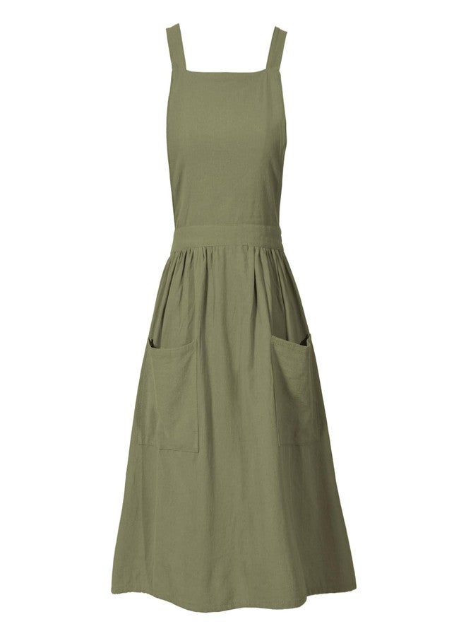 Pinknoke Cotton Linen Pinafore Apron Dress for Women with Pockets Cute Art Chef Aprons for Kitchen Baking Gardening Painting (Olive Green) - Image 1