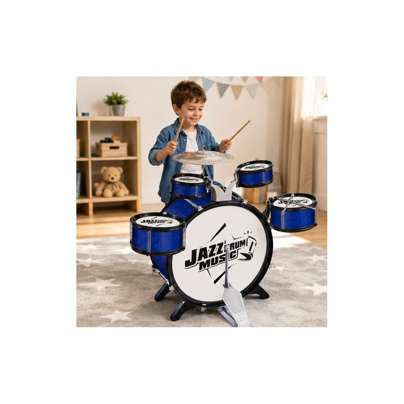 Playful Tunes: Children's Jazz Drum Set Toy with Stool and Drumsticks, Blue - Image 3
