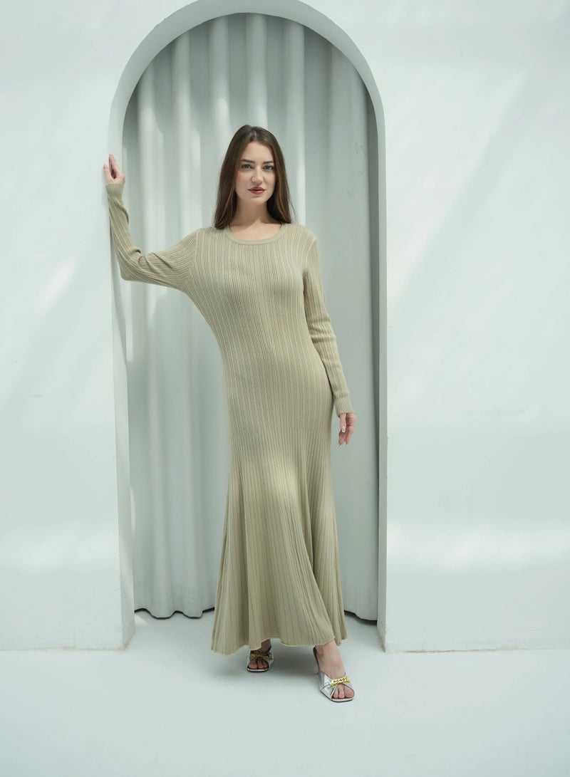 Andy 2329 | Women's Premium Ribbed Knit Maxi Dress – Long-Sleeve Bodycon Design with Scoop Neckline | Elegant and Comfortable Full-Length Outfit for Everyday Wear and Special Occasions | Beige - Image 1
