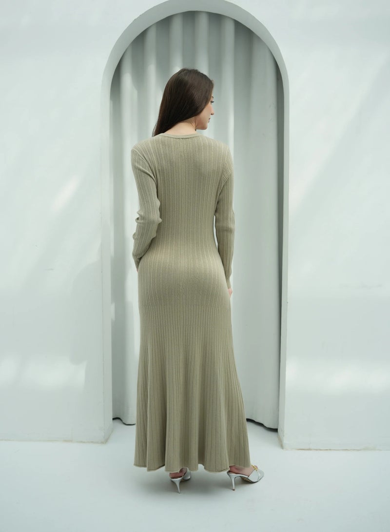 Andy 2329 | Women's Premium Ribbed Knit Maxi Dress – Long-Sleeve Bodycon Design with Scoop Neckline | Elegant and Comfortable Full-Length Outfit for Everyday Wear and Special Occasions | Beige - Image 3