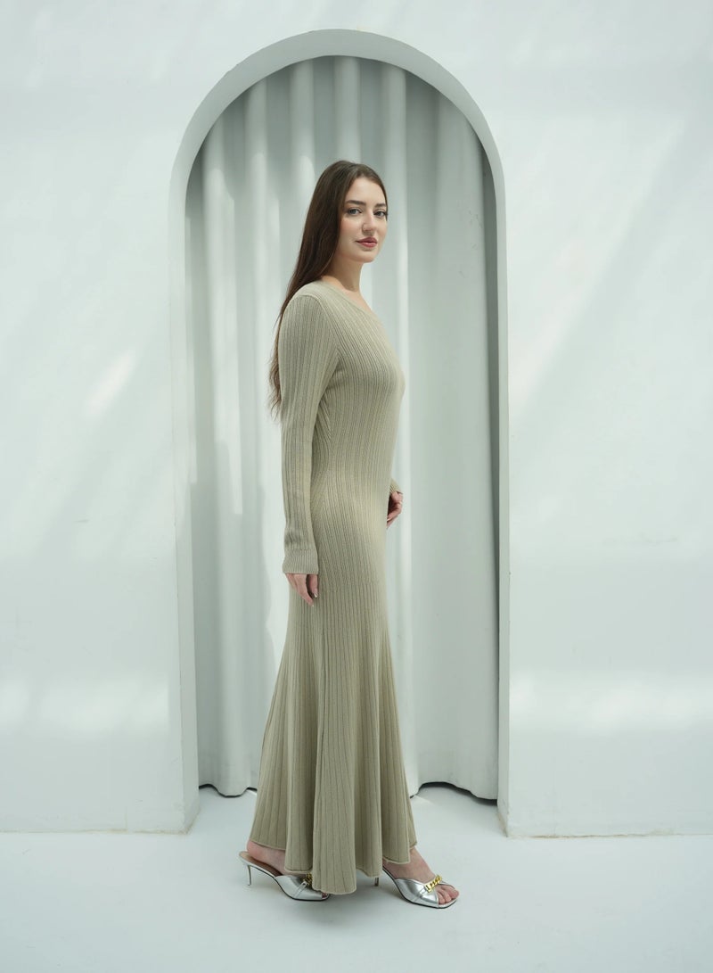 Andy 2329 | Women's Premium Ribbed Knit Maxi Dress – Long-Sleeve Bodycon Design with Scoop Neckline | Elegant and Comfortable Full-Length Outfit for Everyday Wear and Special Occasions | Beige - Image 4