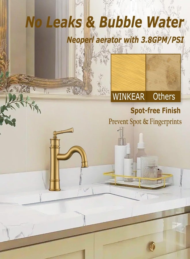 WINKEAR Roman Bathroom Sink Faucet Brushed Gold Single Hole Deck-Mount Pop-up Drain Assembly with Overflow Deck Plate and Water Supply Lines Included - Image 3