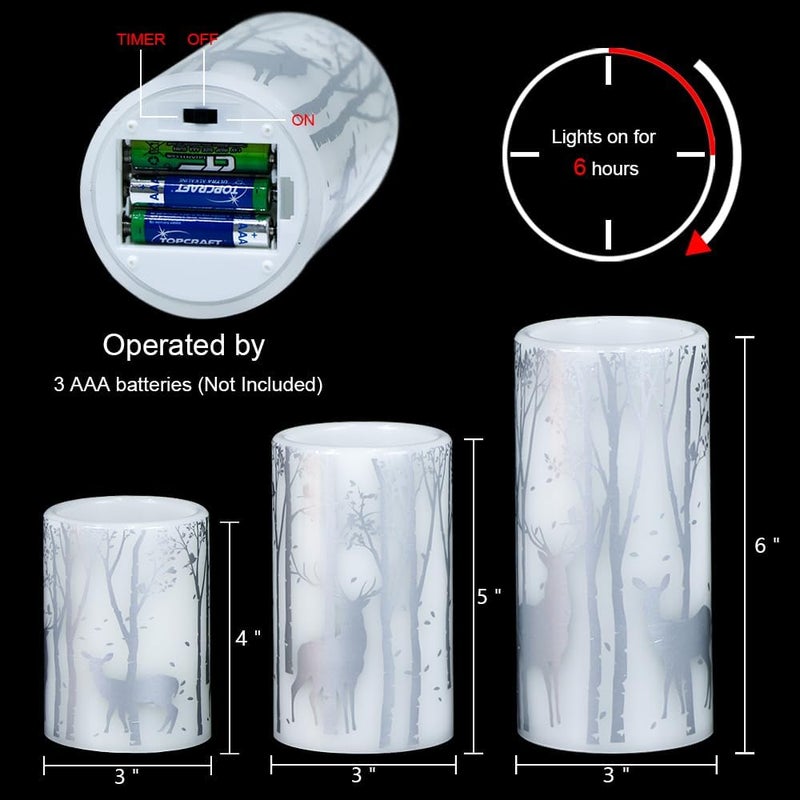 Eldnacele Christmas Flickering Flameless Candles with 6 Hour Timer Silver Deer Decal Battery Operated Real Wax LED Pillar Candles Home Tabletop Holiday Decor3Pcs3456 Inches - Image 2