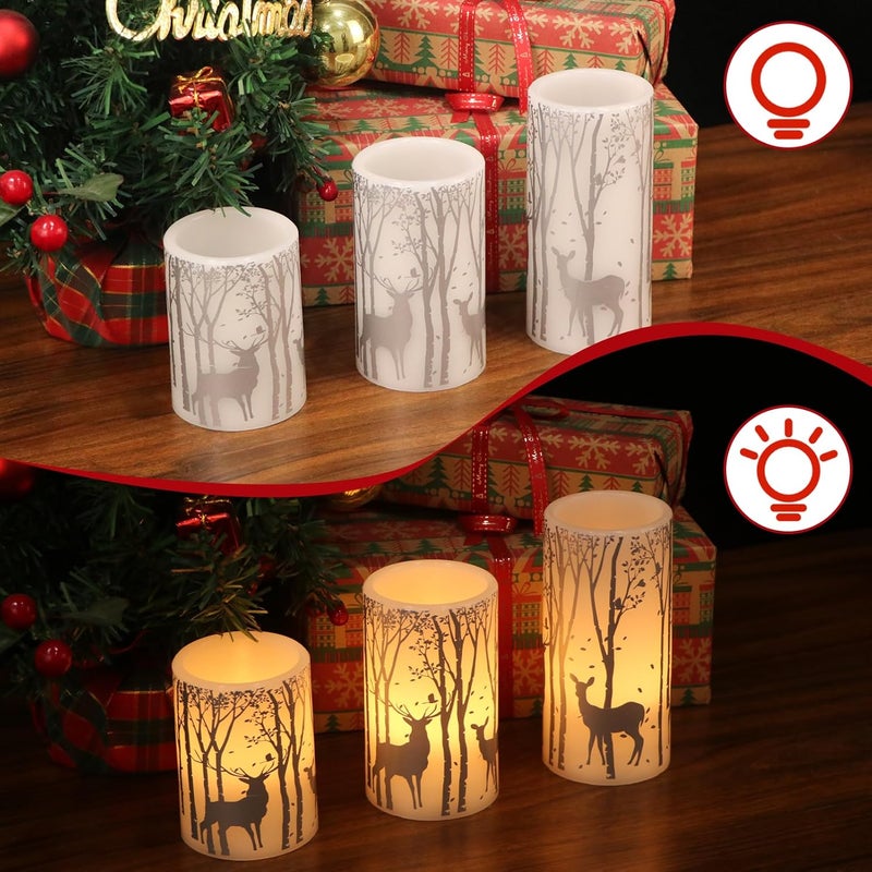 Eldnacele Christmas Flickering Flameless Candles with 6 Hour Timer Silver Deer Decal Battery Operated Real Wax LED Pillar Candles Home Tabletop Holiday Decor3Pcs3456 Inches - Image 4