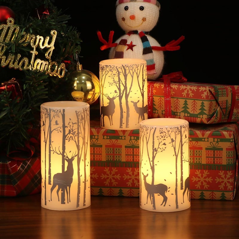 Eldnacele Christmas Flickering Flameless Candles with 6 Hour Timer Silver Deer Decal Battery Operated Real Wax LED Pillar Candles Home Tabletop Holiday Decor3Pcs3456 Inches - Image 3