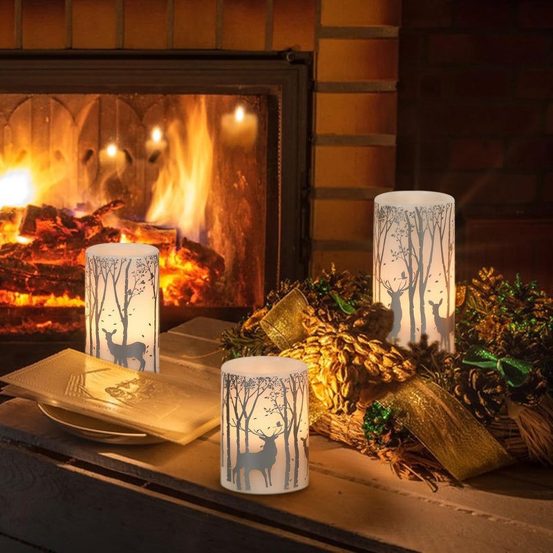Eldnacele Christmas Flickering Flameless Candles with 6 Hour Timer Silver Deer Decal Battery Operated Real Wax LED Pillar Candles Home Tabletop Holiday Decor3Pcs3456 Inches - Image 5