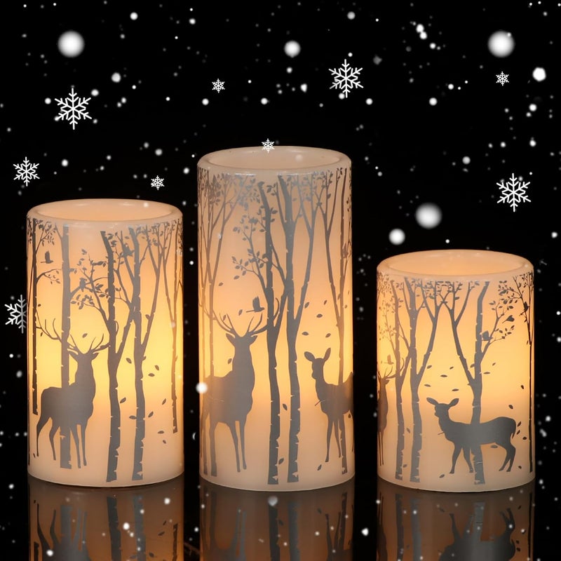 Eldnacele Christmas Flickering Flameless Candles with 6 Hour Timer Silver Deer Decal Battery Operated Real Wax LED Pillar Candles Home Tabletop Holiday Decor3Pcs3456 Inches - Image 1