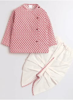 Polka Tots Polka Tots Full Sleeves Small Square Print Angrakha With Piping Dhoti - Cream  - Image 1