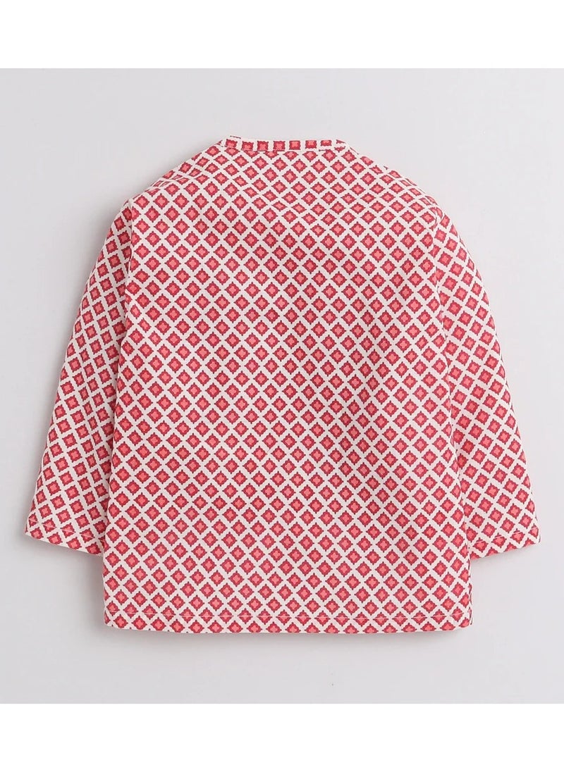 Polka Tots - Polka Tots Full Sleeves Small Square Print Angrakha With Piping Dhoti - Cream - Image 1