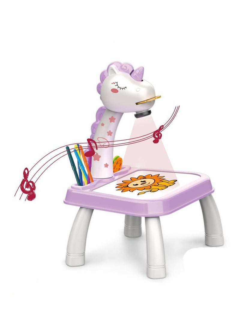 Purple Unicorn Projection Table, Children'S Drawing Projector With Flashlight Slide Projector Toy, Tracing Sketch Table With Light Music, Suitable For Early Art Learning Game Gifts - Image 1