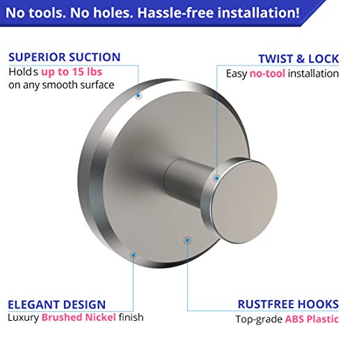 HOME SO Suction Cup Hooks for Shower, Bathroom, Kitchen, Glass Door, Mirror, Tile – Loofah, Towel, Coat, Bath Robe for Hanging up to 15 lbs – Polished Matte Chrome, Brushed Nickel (2-pack) - Image 5