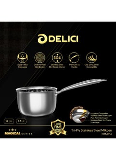 DELICI Tri-ply Stainless Steel And Aluminium Milk Pan 1.70 Ltr Capacity, Healthy Non-Stick Interior, Oven Safe, Dishwasher Safe, Induction Cooking Pot(DTMP16)  - Image 2