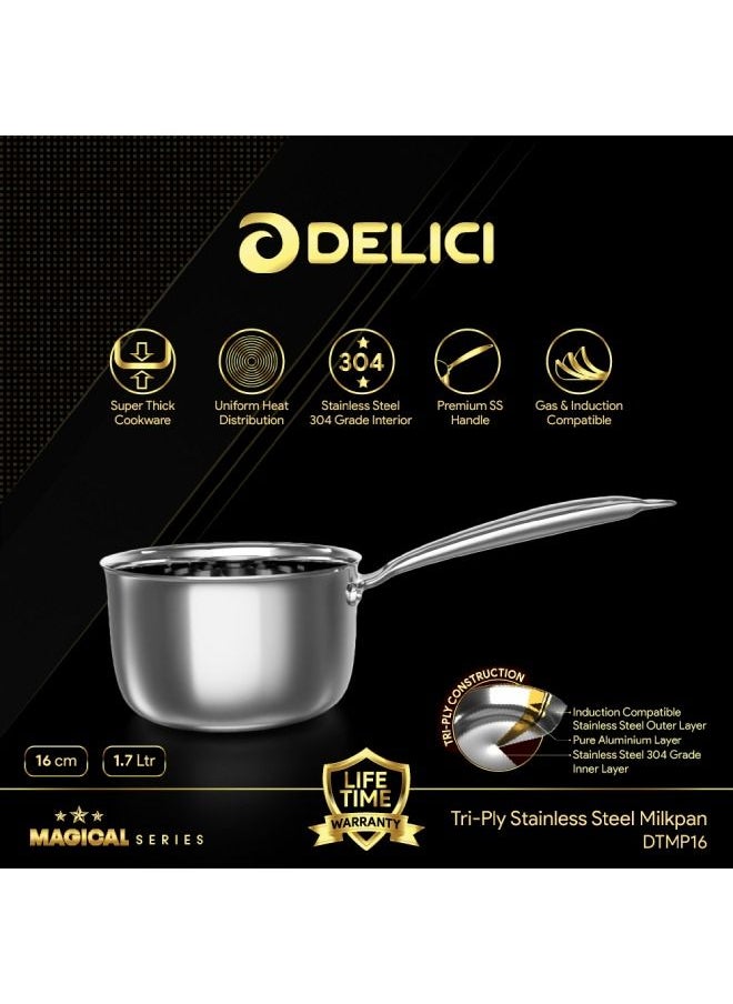 DELICI Tri-ply Stainless Steel And Aluminium Milk Pan 1.70 Ltr Capacity, Healthy Non-Stick Interior, Oven Safe, Dishwasher Safe, Induction Cooking Pot(DTMP16)  - Image 2