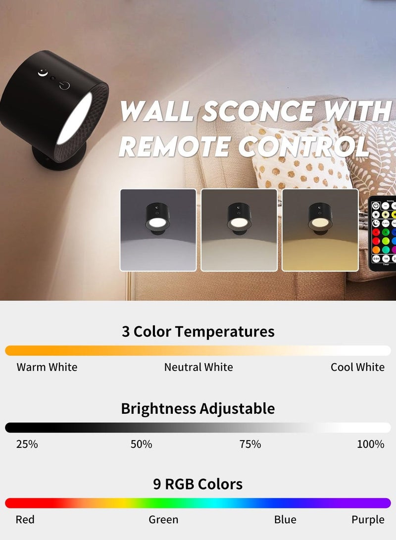 XiuWoo Set of 2 Battery Operated Wall Sconce, Wireless Magnetic Wall Lights with Remote, 9 Colors RGB Rechargeable Ambient Sconce, 3 Color Temp, Dimming & Removable, Wall Mounted Lamp for Bedroom - Image 3