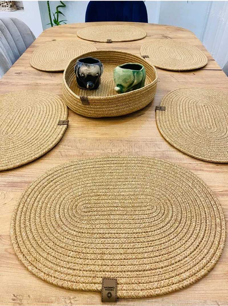 BDZ Deri BDZ Leather Wicker Jute Presentation Plate Coaster American Service Oval Service Plate and Basket 7 Pieces