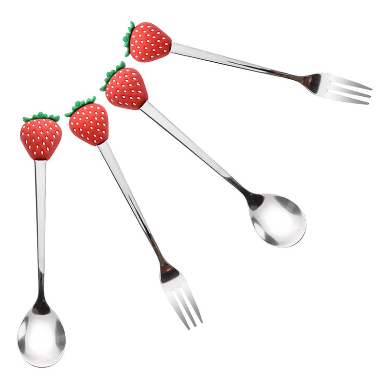 4 قطع من أدوات المائدة المصنوعة من الفولاذ المقاوم للصدأ بتصميم الفراولة على شكل فاكهة، شوكة وملعقة لمطبخ الحلويات - Image 2