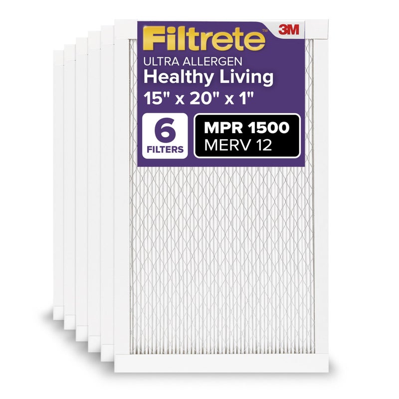 Filtrete 15x20x1 AC Furnace Air Filter MERV 12 MPR 1500 CERTIFIED asthma allergy friendly 3 Month Pleated 1Inch Electrostatic Air Cleaning Filter 6Pack Actual Size 1481x1981x078 in