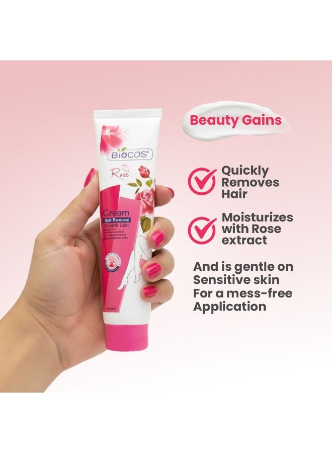 بيوكوس مستحضرات التجميل كريم بيوكوس كوزماتيك لإزالة الشعر بالورد مع فيتامين E للرجال والنساء – كريم مزيل للشعر يمنح نعومة وترطيب – 120 مل – عبوة مزدوجة (2 × 120 مل) - Image 2