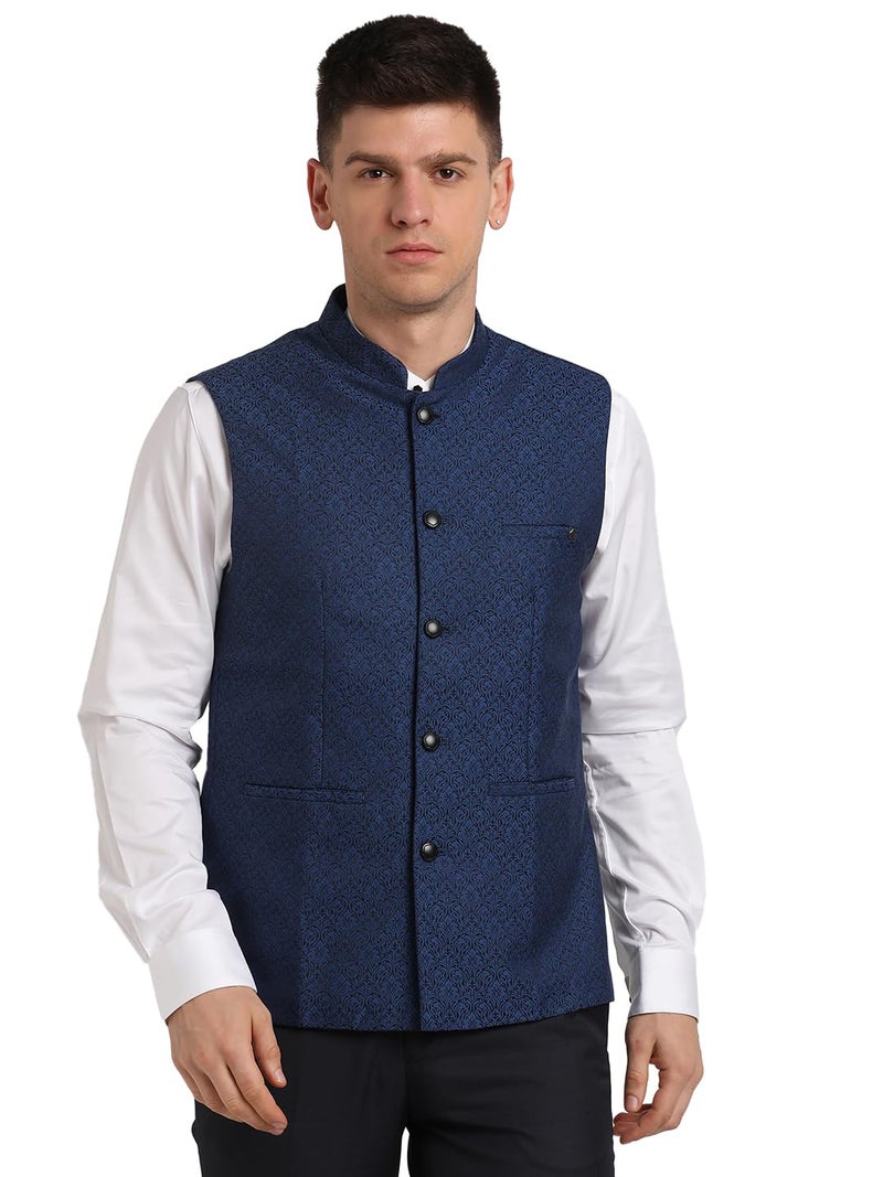 Turtle Men Blue Polyviscose Jacquard Print Party Nehru Jacket - Image 1