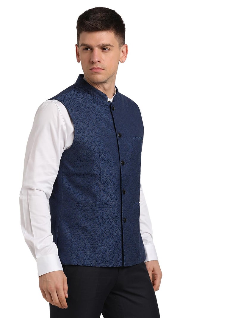 Turtle Men Blue Polyviscose Jacquard Print Party Nehru Jacket - Image 4