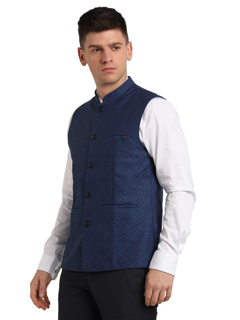 Turtle Men Blue Polyviscose Jacquard Print Party Nehru Jacket - Image 3