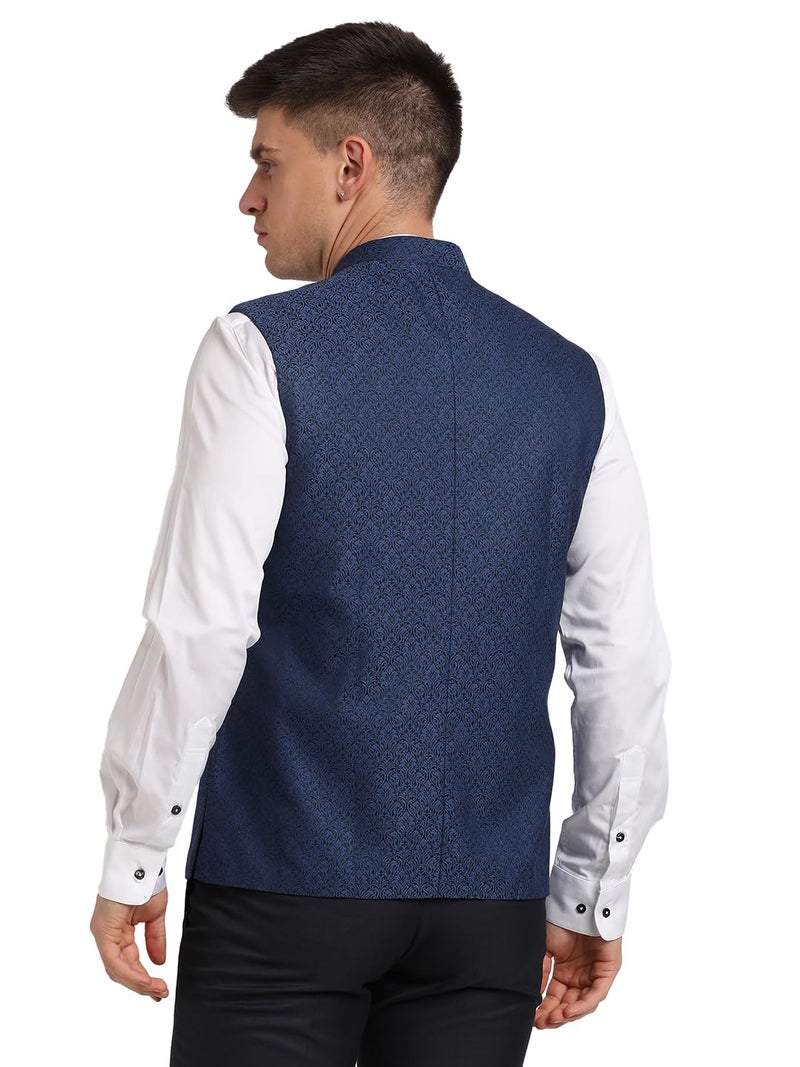 Turtle Men Blue Polyviscose Jacquard Print Party Nehru Jacket - Image 2