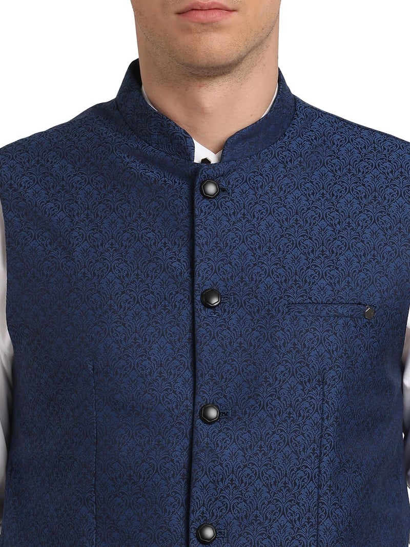 Turtle Men Blue Polyviscose Jacquard Print Party Nehru Jacket - Image 5