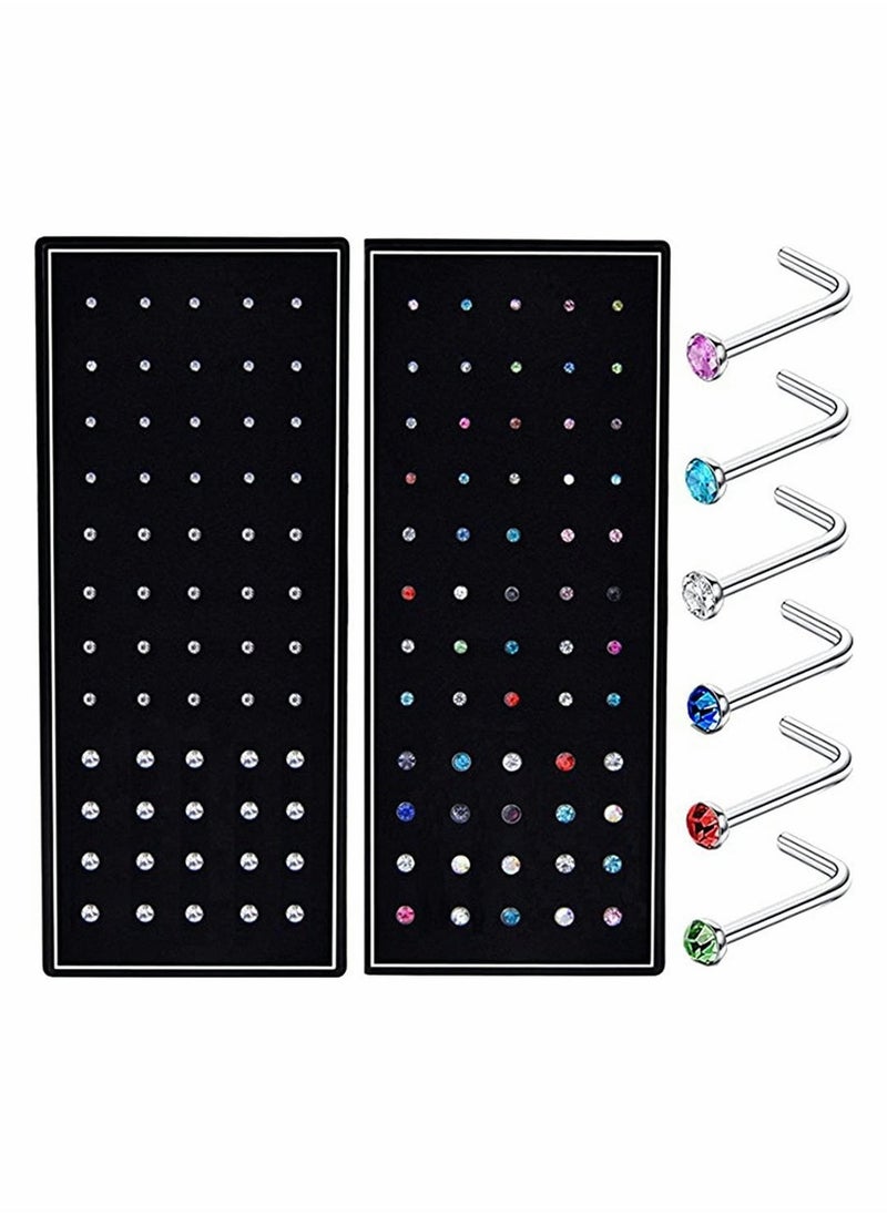 SYOSI 120 Pcs Stainless Steel Nose Studs, 1.5mm 2mm 2.5mm L Shaped Nose Rings Studs Nose Rings for Women Men Nostrial Piercing Pin Body Jewelry, Hypoallergenic (White and Colour) - Image 1