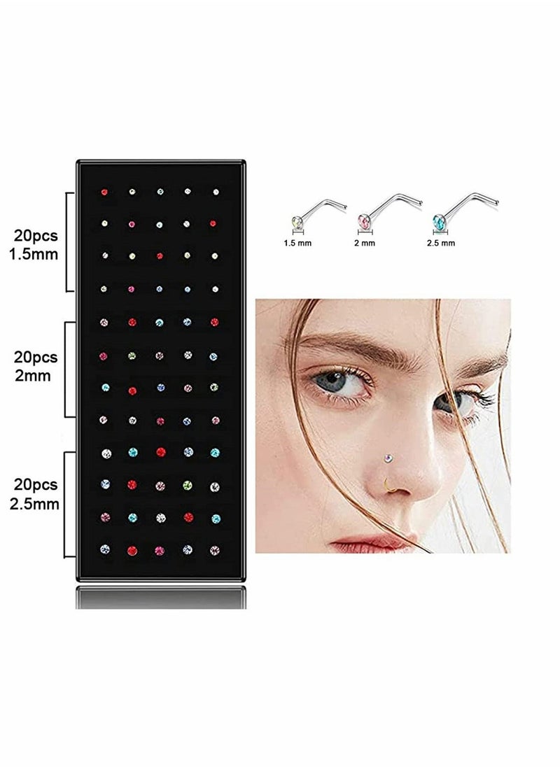 SYOSI 120 Pcs Stainless Steel Nose Studs, 1.5mm 2mm 2.5mm L Shaped Nose Rings Studs Nose Rings for Women Men Nostrial Piercing Pin Body Jewelry, Hypoallergenic (White and Colour) - Image 2