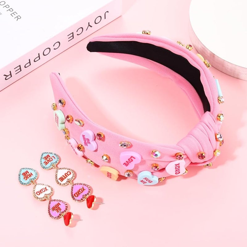 PHALIN Valentine’s Day Headband for Women Love XOXO Heart Headbands Jeweled Conversation Heart Knotted Headband Pink Red Rhinestone Crystal Top Knot Headbands Valentine’s Day Accessories Gifts (Pink Set 1) - Image 3