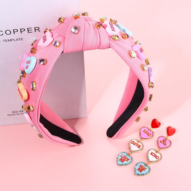 PHALIN Valentine’s Day Headband for Women Love XOXO Heart Headbands Jeweled Conversation Heart Knotted Headband Pink Red Rhinestone Crystal Top Knot Headbands Valentine’s Day Accessories Gifts (Pink Set 1) - Image 4