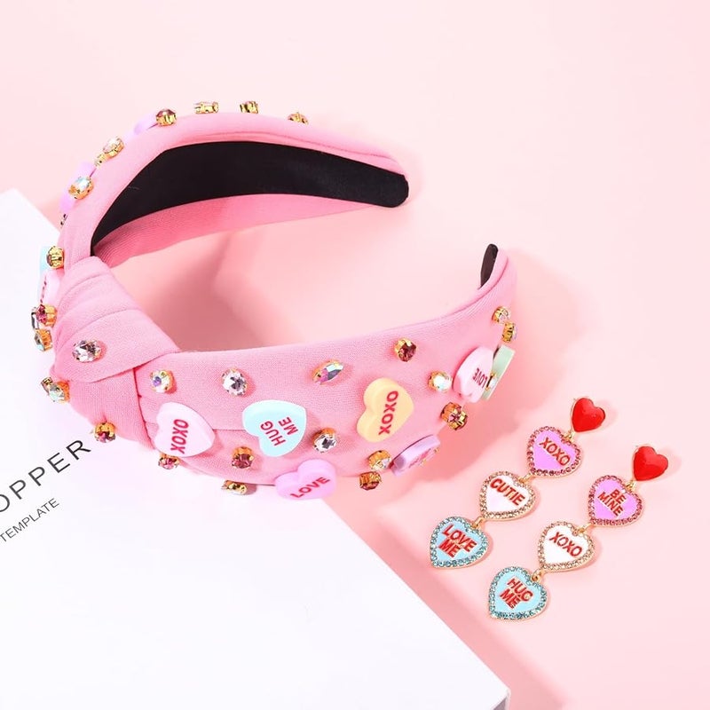 PHALIN Valentine’s Day Headband for Women Love XOXO Heart Headbands Jeweled Conversation Heart Knotted Headband Pink Red Rhinestone Crystal Top Knot Headbands Valentine’s Day Accessories Gifts (Pink Set 1) - Image 5