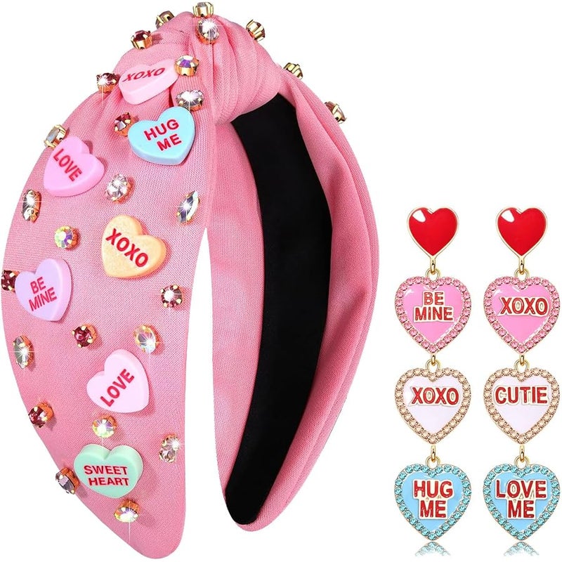PHALIN Valentine’s Day Headband for Women Love XOXO Heart Headbands Jeweled Conversation Heart Knotted Headband Pink Red Rhinestone Crystal Top Knot Headbands Valentine’s Day Accessories Gifts (Pink Set 1) - Image 1