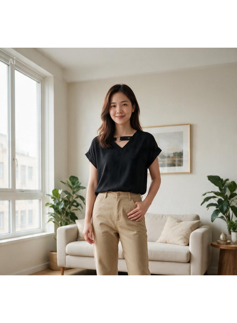 Women's Black Short-Sleeve V-Neck Shirt with Metal Ring Detail, Relaxed Fit - Image 2