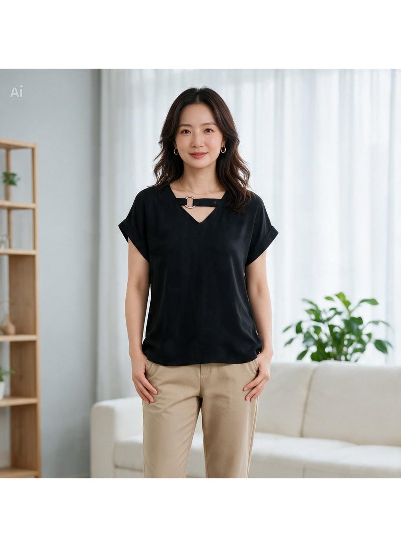 Women's Black Short-Sleeve V-Neck Shirt with Metal Ring Detail, Relaxed Fit - Image 1